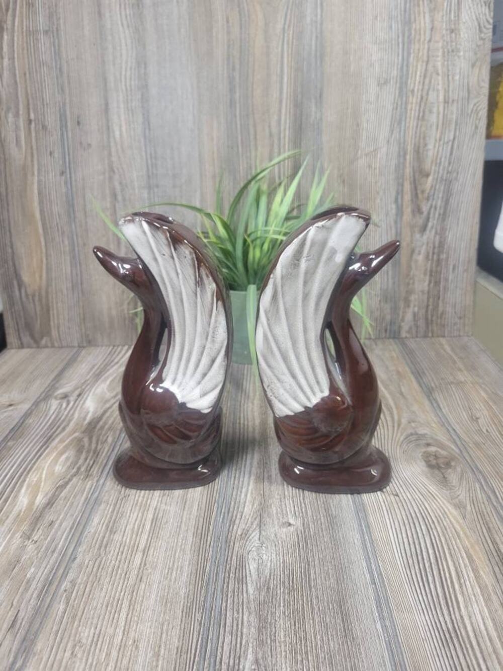 Vintage MCM Brown Drip Redware Swan Vases Art Deco Pottery Figurines Set 8-1/4"